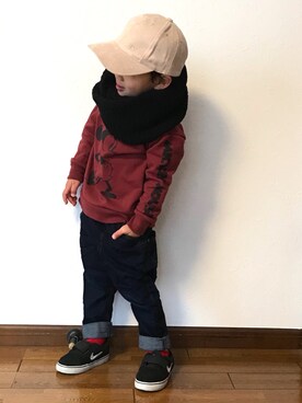 「アイテム（ストール/ショール、ブラック系）」を使った、☆Piii☆さん（キッズ・100cm）の冬コーディネート