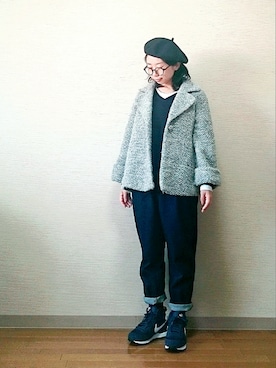 「マムジーンズ」｜「アイテム（ハンチング/ベレー帽）」を使った、はらさん（レディース・151cm）の冬コーディネート