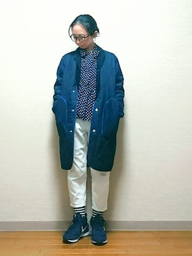 「ネイビー×ホワイト」｜「アイテム（ミリタリージャケット）」を使った、はらさん（レディース・151cm）の冬コーディネート