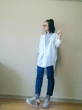 「ボーダーソックス」｜「アイテム（シャツワンピース）」を使った、はらさん（レディース・151cm）の秋コーディネート
