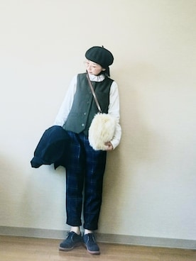「オックスフォードシューズ」｜「アイテム（ハンチング/ベレー帽）」を使った、はらさん（レディース・151cm）の秋コーディネート