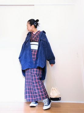 「着物」｜「アイテム（トートバッグ）」を使った、はらさん（レディース・151cm）の秋コーディネート
