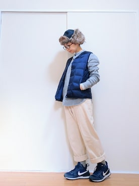 「ワッフル」｜「アイテム（ダウンベスト）」を使った、はらさん（レディース・151cm）の冬コーディネート