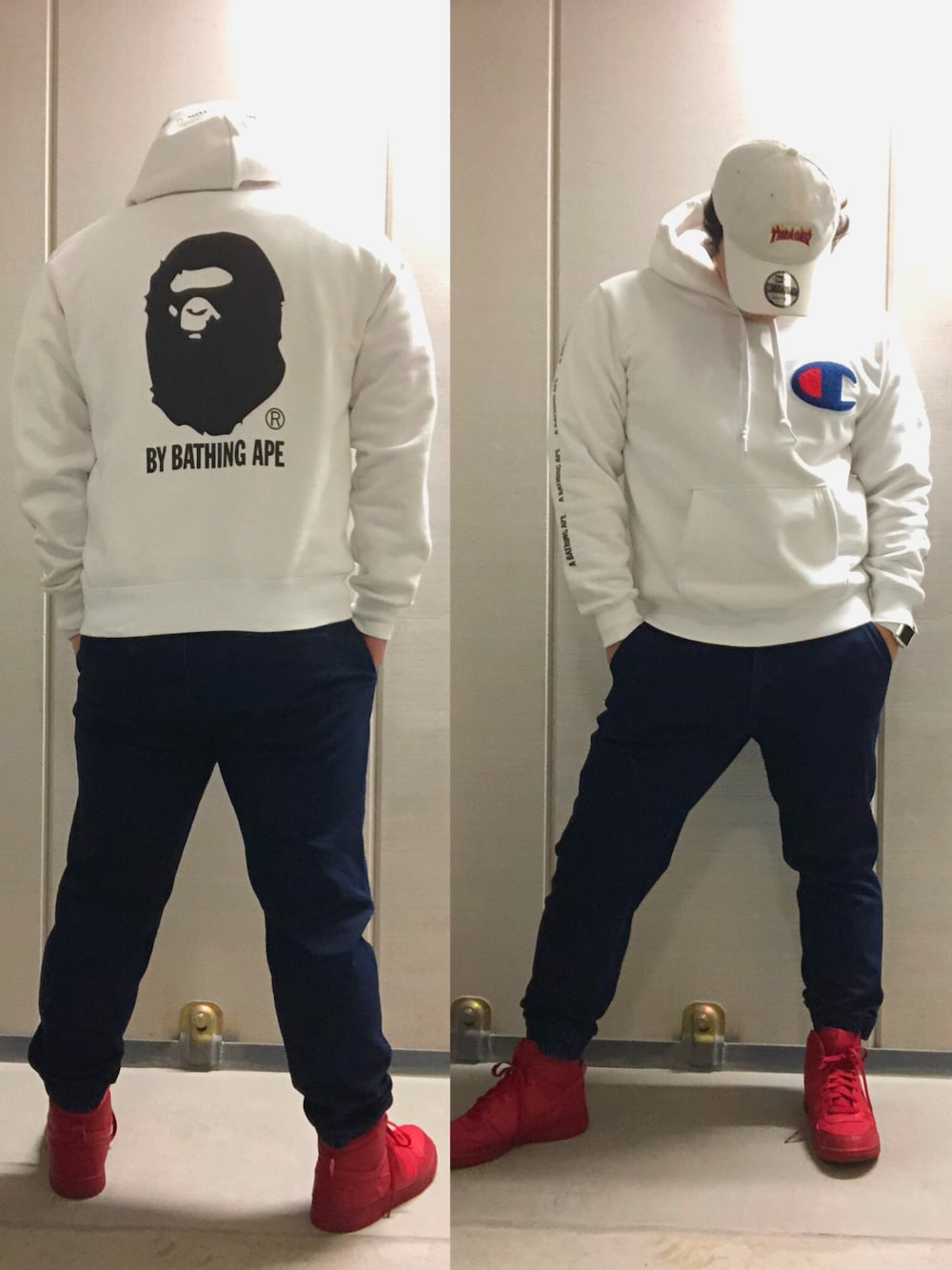 「春コーデ、シンプル、パーカー、Bape、A BATHING APE、スニーカー、UNIQLO、お洒落さんとつながりたい、ストリート」｜「UNIQLOのジョガーパンツ（デニム・丈短め64cm）＋EC（デニムパンツ、ブルー系）」を使った、keisukeさん（メンズ・168cm）の春コーディネートの1枚目の写真