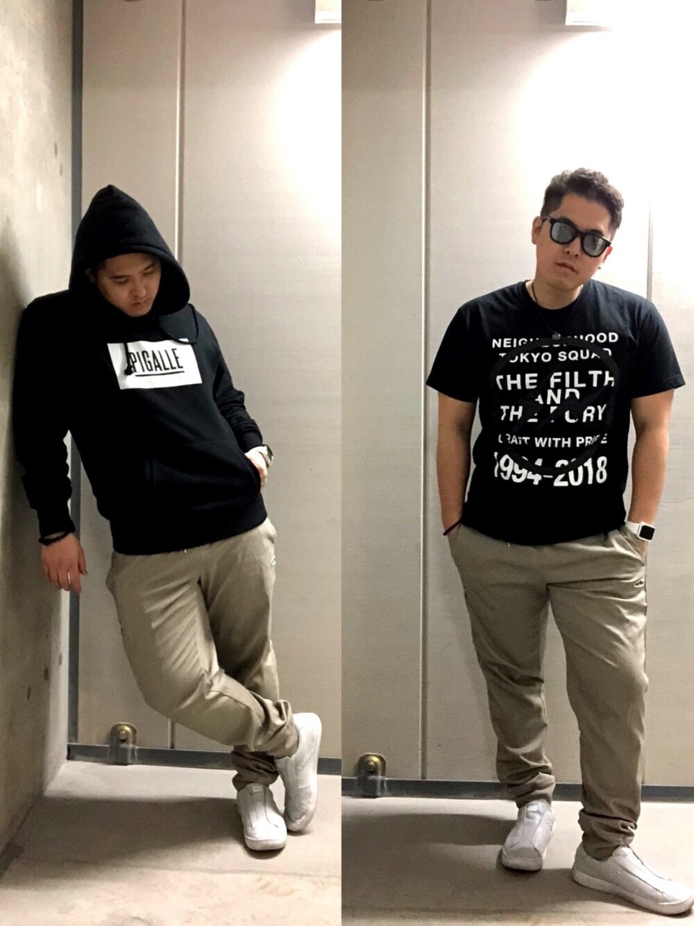 「お洒落さんとつながりたい、春コーデ、低身長、streetstyle、Tシャツ、スニーカー、パーカー、ラフ、シンプル」｜「PIGALLEのアイテム（パーカー、ブラック系）」を使った、keisukeさん（メンズ・168cm）の春コーディネートの1枚目の写真