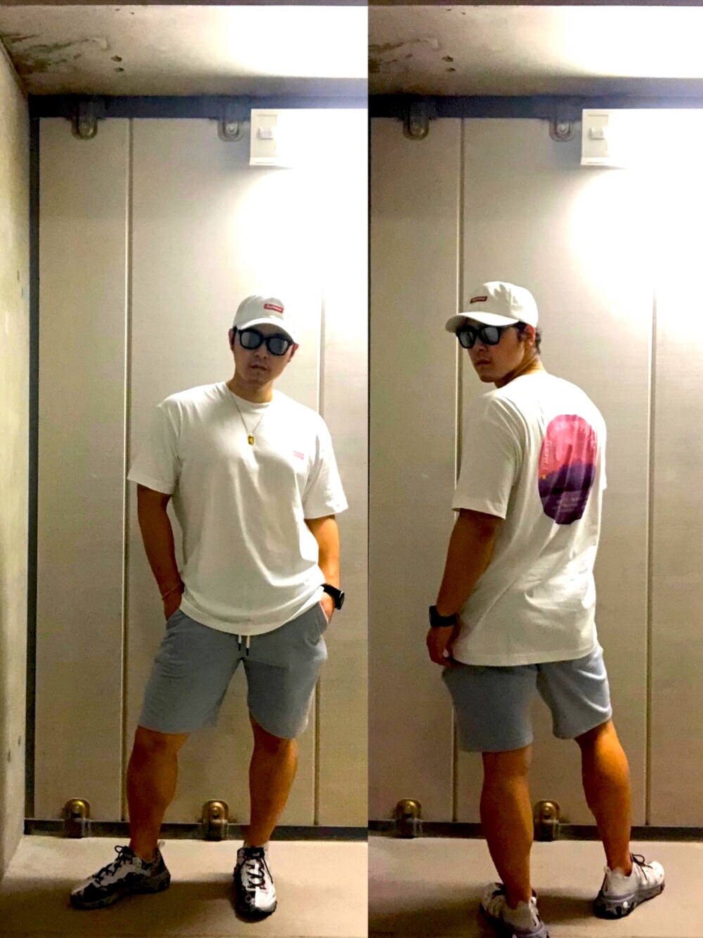 「夏コーデ、Tシャツ、オーバーサイズ、ラクチンコーデ、summer、白Tシャツ、GU、プリントT、ストリート、スニーカー」｜「NIKEのアイテム（スニーカー、ホワイト系）」を使った、keisukeさん（メンズ・168cm）の夏コーディネートの1枚目の写真
