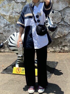 「Mitty vintageのアイテム（シャツ/ブラウス、ブルー系）」を使った、安柏さん（レディース・168cm）の夏コーディネート