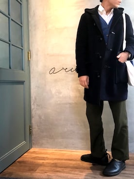 「アイテム（ダッフルコート、パープル系）」を使った、akiさん（メンズ・167cm）の冬コーディネート