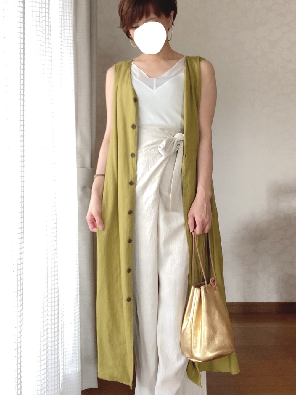 「LOWRYS FARMのアイテム（ベスト、グリーン系）」を使った、zさん（レディース・154cm）の夏コーディネートの1枚目の写真