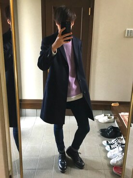 「UNIQLO（ユニクロ）のアイテム（チェスターコート、ブラック系）」を使った、しみさん（メンズ・178cm）の冬コーディネート