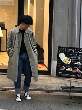 「カフェ巡り」｜「アイテム（ステンカラーコート）」を使った、✌︎さん（メンズ・165cm）の冬コーディネート