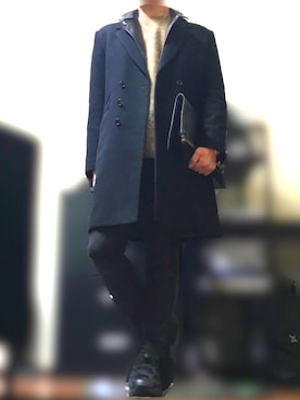 「SHAREEF（シャリーフ）のアイテム（チェスターコート）」を使った、もーへいさん（メンズ・161cm）の冬コーディネート