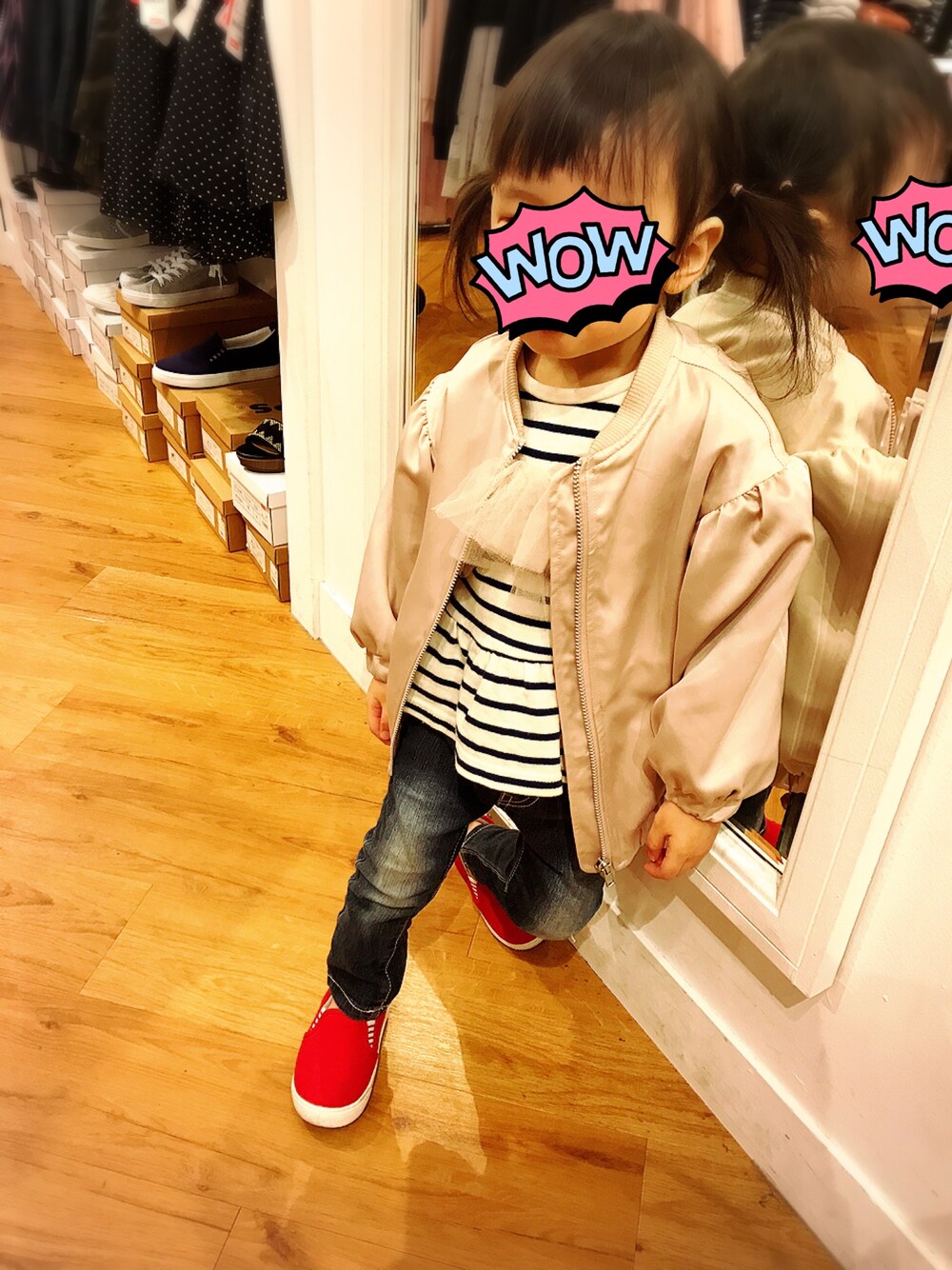 「プチプラコーデ、女の子、3歳、キッズコーデ」｜「Right-onのアイテム（ブルゾン、ピンク系）」を使った、yunaさん（キッズ・90cm）の春コーディネートの1枚目の写真