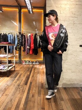 「レザーコーデ」｜「アイテム（キャップ）」を使った、girikoさん（レディース・165cm）の冬コーディネート