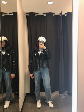 「爱依服のアイテム（ライダースジャケット、ブラック系）」を使った、Tianloorさん（レディース）の春コーディネート