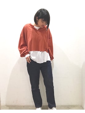 「Auntie Rosa Holiday（アンティローザホリデー）のアイテム（Tシャツ/カットソー）」を使った、ももよさん（レディース・160cm）の秋コーディネート