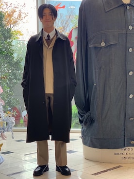 「BASISBROEK（バシスブルック）のアイテム（ステンカラーコート）」を使った、yuuさん（メンズ・178cm）の冬コーディネート