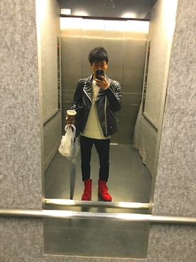 「JACKROSE（ジャックローズ）のアイテム（ライダースジャケット、ブラック系）」を使った、カドさん（メンズ・166cm）の冬コーディネート