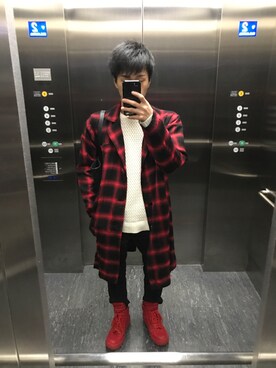 「JACKROSE（ジャックローズ）のアイテム（チェスターコート、レッド系）」を使った、カドさん（メンズ・166cm）の冬コーディネート