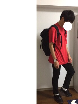 「古着のアイテム（Tシャツ/カットソー、レッド系）」を使った、NOhさん（メンズ・175cm）の夏コーディネート