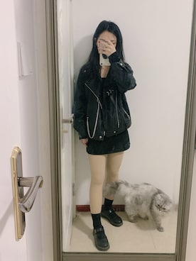 「日常」｜「アイテム（ライダースジャケット）」を使った、Laver.Cさん（レディース・158cm）の春コーディネート