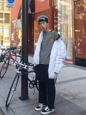 「FILA（フィラ）のアイテム（ダウンジャケット/コート）」を使った、Hara さん（メンズ・183cm）の春コーディネート