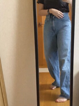 「UNIQLO（ユニクロ）のハイライズワイドストレートジーンズ（デニムパンツ、ブルー系）」を使った、wakana さん（レディース・163cm）の夏コーディネート
