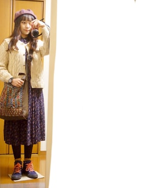 「ワンピース×スニーカー」｜「アイテム（ハンチング/ベレー帽）」を使った、くれあさん（レディース・158cm）の冬コーディネート