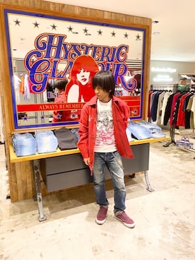 「アイテム（ミリタリージャケット、レッド系）」を使った、ASOさん（メンズ・161cm）の冬コーディネート