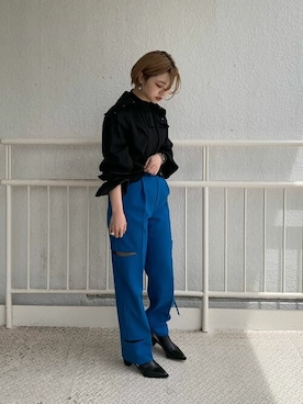 「UNITED TOKYO（ユナイテッドトウキョウ）のアシメパネルエッフェルブラウス（シャツ/ブラウス、ブラック系）」を使った、eeeena2828さん（レディース・163cm）の夏コーディネート