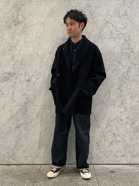 「ネイビーコーデ」｜「アイテム（ピーコート）」を使った、DRESSTERIORさん（メンズ・165cm）の秋コーディネート