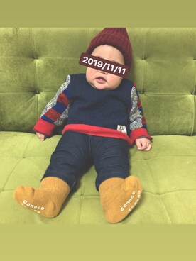 「Moujonjon（ムージョンジョン）のアイテム（スウェット）」を使った、みんさん（キッズ・70cm）の秋コーディネート