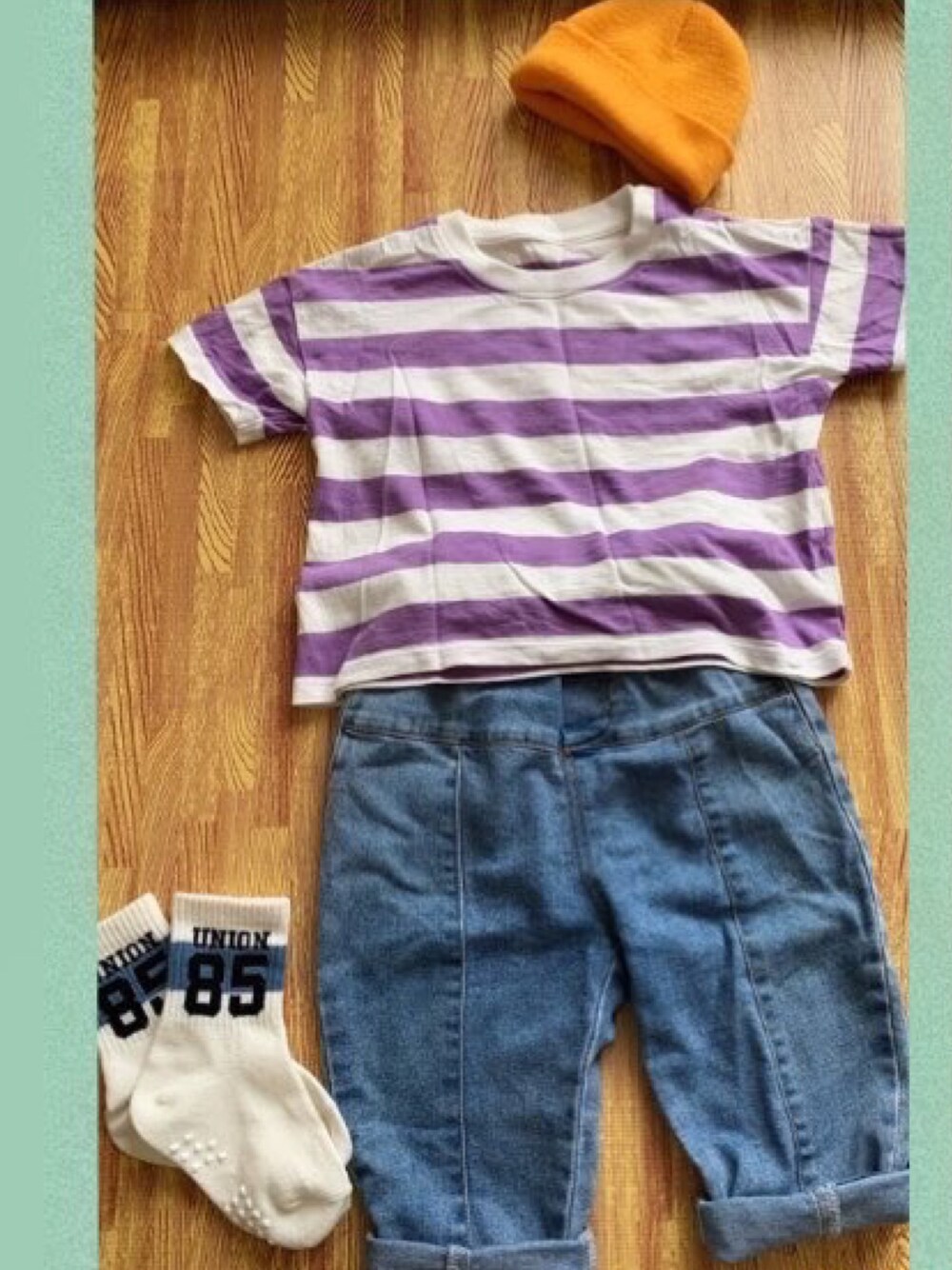 「妄想コーデ、1歳、むすこーで」｜「UNIQLOのアイテム（Tシャツ/カットソー、パープル系）」を使った、みんさん（キッズ・80cm）の春コーディネートの1枚目の写真