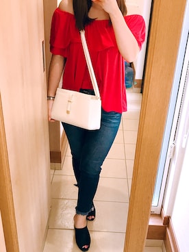 「赤トップス」｜「UNIQLO（ユニクロ）のアイテム」を使った、R!SAPさん（レディース・156cm）の夏コーディネート