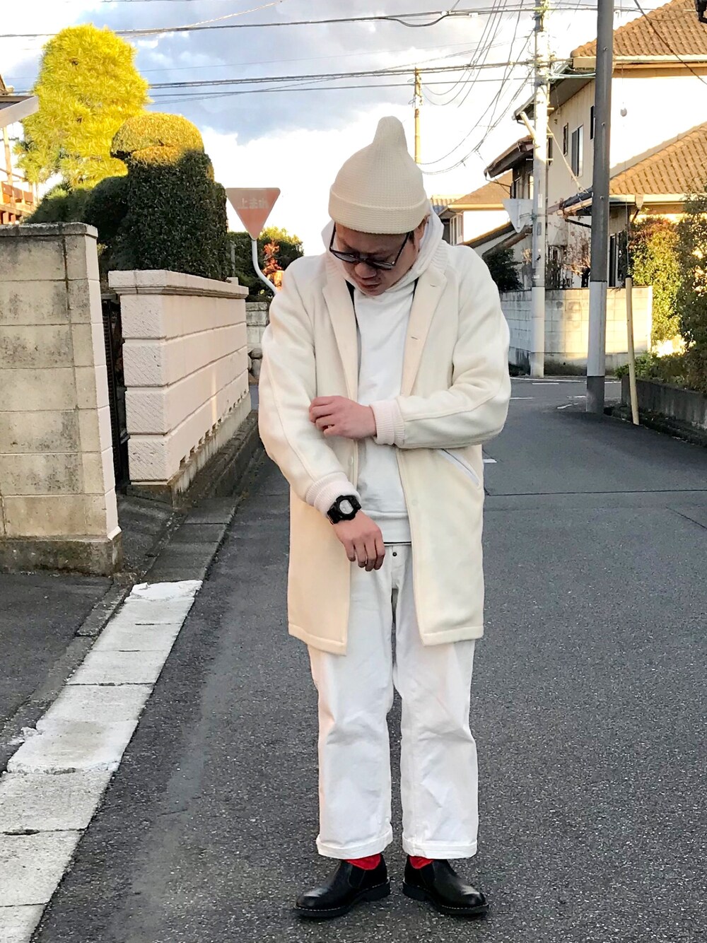 「大人カジュアル、冬コーデ、服バカ、服好き、パラブーツ、高崎、おしゃれさんと繋がりたい」｜「JackmanのWaffle Knit Cap（ニットキャップ/ビーニー、ホワイト系）」を使った、メルスマーケット高崎さん（メンズ・165cm）の冬コーディネートの1枚目の写真