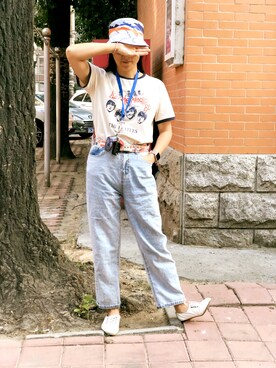 「アイテム（サンバイザー、オレンジ系）」を使った、老米さん（レディース・160cm）の秋コーディネート