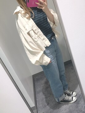 「UNIQLO（ユニクロ）のハイライズワイドストレートジーンズ（デニムパンツ）」を使った、naoさん（レディース・157cm）の春コーディネート