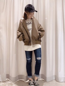 「スキニー」｜「アイテム（MA-1）」を使った、さ と う ☺︎さん（レディース・159cm）の秋コーディネート