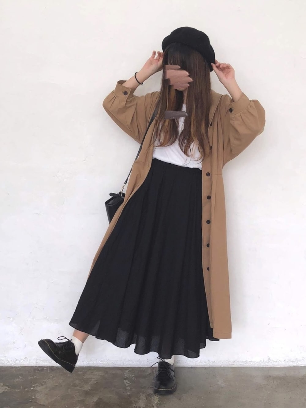 「今日のコーデ、秋のコーデ、プチプラ、秋服準備はじめました、低身長コーデ、ロングスカート、低身長、ベレー帽、秋コーデ、黒スカート」｜「LOWRYS FARMのＦＬパイピングベレー　744916 （ハンチング/ベレー帽、ブラック系）」を使った、mero *さん（レディース・155cm）の夏コーディネートの1枚目の写真