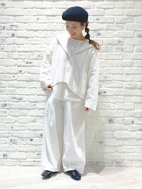 「オールホワイト」｜「アイテム（ハンチング/ベレー帽）」を使った、こうのりなさん（レディース・154cm）の春コーディネート