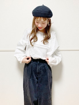 「部屋撮り」｜「アイテム（ハンチング/ベレー帽）」を使った、こうのりなさん（レディース・154cm）の春コーディネート