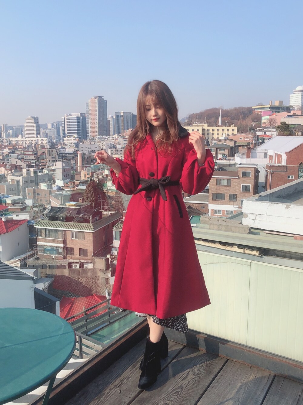 「Parfait by Soraのアイテム（ダウンジャケット/コート、レッド系）」を使った、Soraさん（レディース・161cm）の冬コーディネートの1枚目の写真