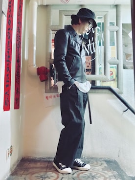 「MUJI」｜「アイテム（ライダースジャケット）」を使った、Ka Wai Liangさん（メンズ・170cm）の冬コーディネート