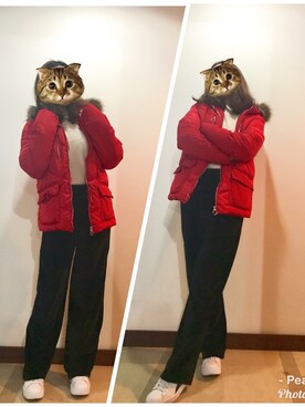 「red」｜「アイテム（マウンテンパーカー）」を使った、半醒半梦时さん（レディース・157cm）の冬コーディネート