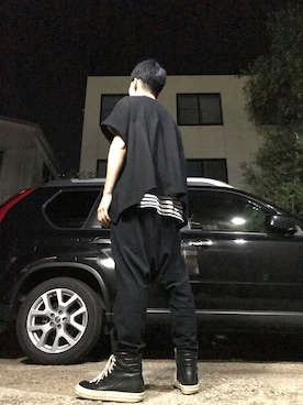 「Rick Owens（リックオウエンス）の【RICK OWENS】GEOBASKET（スニーカー、ブラック系）」を使った、たろうさん（メンズ・166cm）の夏コーディネート