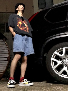 「REVENGE×STORM（リベンジストーム）のREVENGE×STORM (リベンジストーム）CLASSIC（スニーカー、オレンジ系）」を使った、たろうさん（メンズ・166cm）の夏コーディネート