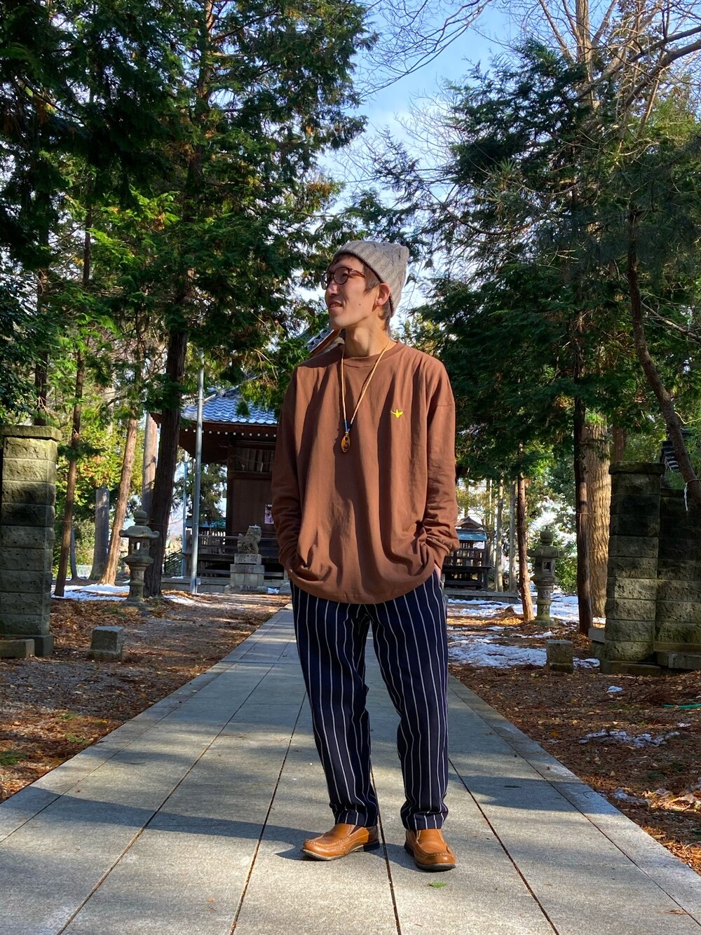 「無印良品のアイテム（ニットキャップ/ビーニー、ベージュ系）」を使った、タキナオ🐓さん（メンズ・170cm）の冬コーディネートの1枚目の写真