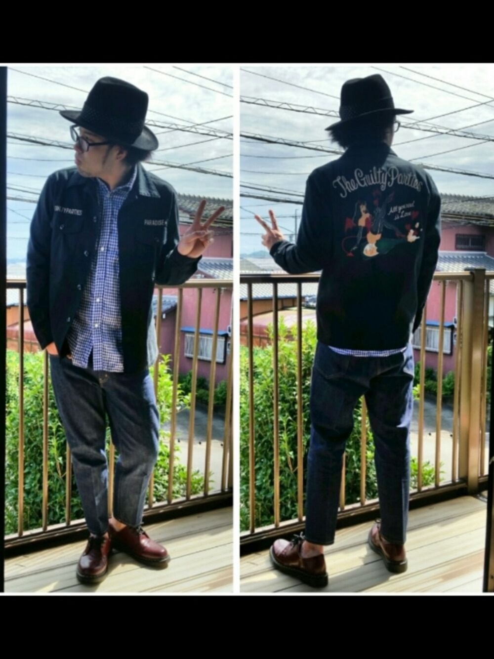 ブラック系のシャツ/ブラウス、ブルー系のシャツ/ブラウス、ブルー系のデニムパンツを着用したメンズの秋コーディネートの1枚目の写真