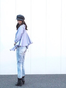 「DRWCYS（ドロシーズ）のストライプバックラッフルシャツ（シャツ/ブラウス、ブルー系）」を使った、みずきさん（レディース）の夏コーディネート