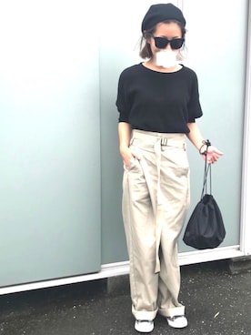 「ハイウエストパンツ」｜「アイテム（ハンチング/ベレー帽）」を使った、ma☆さん（レディース・158cm）の夏コーディネート